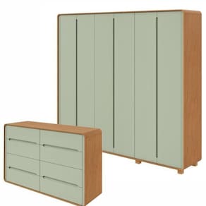 Conjunto de Guarda-Roupa Casal Loop 6 Portas com Pése Cômoda 8 Gavetas 152x48x96cm Loop Amendoa Clean/Salvia