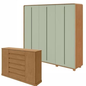 Conjunto de Guarda-Roupa Casal Loop 6 Portas com Pése Cômoda 2 Portas Vedra Amendoa Clean/Salvia