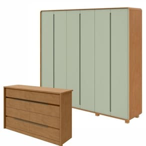 Conjunto de Guarda-Roupa Casal Loop 6 Portas com Pése Cômoda 8 Gavetas Urban Amendoa Clean/Salvia