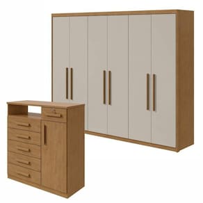 Conjunto de Guarda-Roupa 6 portas Áries e Cômoda Da Vinci com Nicho Amêndoa Clean/Off White