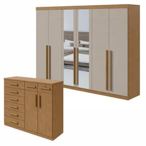 Conjunto de Guarda-Roupa 6 Portas com Espelho Bertha com Cômoda Toronto Amêndoa Clean/Off White