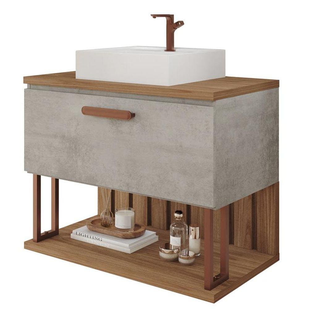 Gabinete de Banheiro Duna com Cuba 60cm Cimento/Freijo - MGM