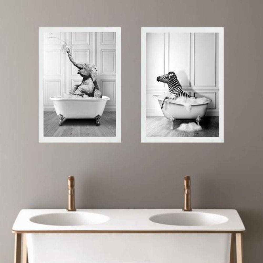 Kit 2 Quadros Decorar Banheiro - Zebra E Elefante 33X24Cm
