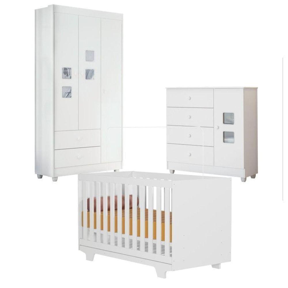 Quarto de Bebe com Berço Mini Cama 100% MDF Life Cômoda Life Guarda-Roupa Life Branco