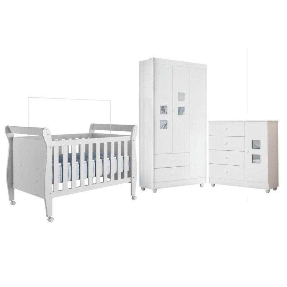 Quarto de Bebê Berço Mini Cama, Cômoda 1 Porta 4 Gavetas e Roupeiro 3 Portas 2 Gavetas Branco