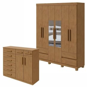 Conjunto de Guarda-Roupa 6 Portas 4 Gavetas Zeus com Espelho e com Pése Cômoda Toronto Amêndoa Clean