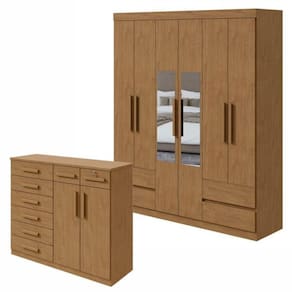 Conjunto de Guarda-Roupa 6 Portas 4 Gavetas Zeus com Espelhoe Cômoda 8 Gavetas 2 Portas Toronto Amêndoa Clean