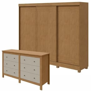 Conjunto de Guarda-Roupa 3 Portas 4 Gavetas Nice com Pése Cômoda 6 Gavetas MDP/MDF Maggiore New Amêndoa Clean/Off White