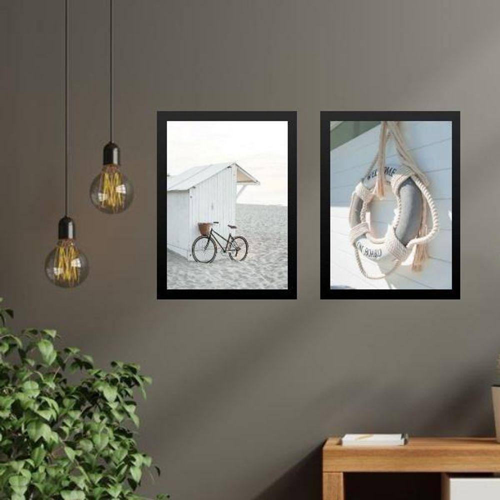 Kit 2 Quadros Coleção Praia - Boia E Bicicleta 24X18Cm Vidro