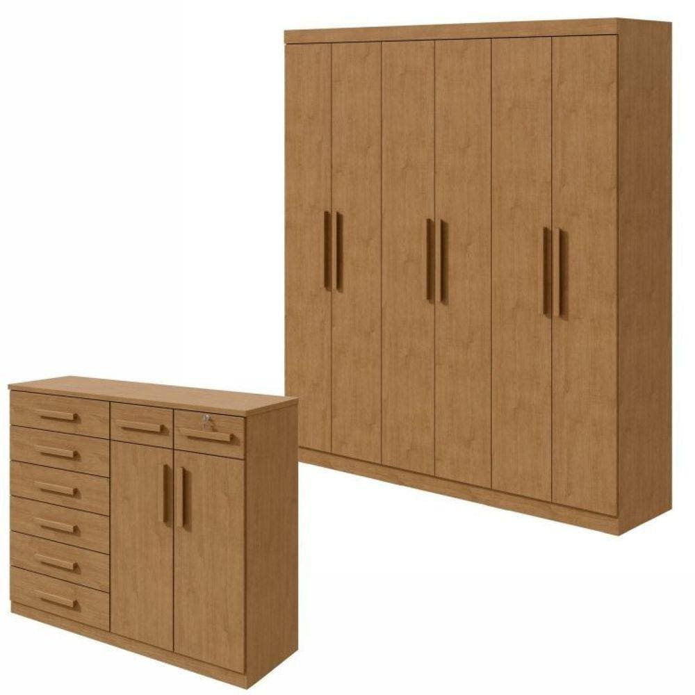 Conjunto de Guarda-Roupa 6 Portas Jazz e Cômoda Toronto Amêndoa Clean