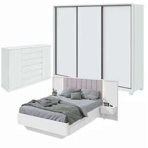 Quarto com Guarda-Roupa Casal 3 Portas 6 Gavetas, Cômoda 2 Portas 7 Gavetas e Cama Solaris Branco