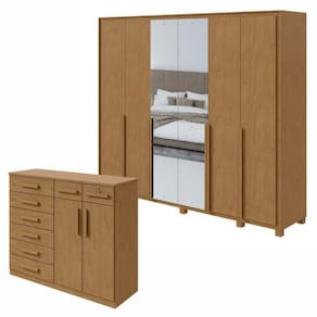 Conjunto de Guarda-Roupa 6 Portas com Espelho e Pés Imperatore com Cômoda Toronto Amêndoa Clean