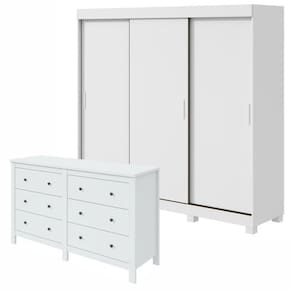 Conjunto de Guarda-Roupa 3 Portas 3 Gavetas Saion Plus com Pése Cômoda 6 Gavetas Maggiore New Branco