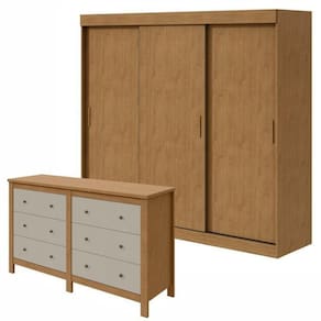 Conjunto de Guarda-Roupa 3 Portas 3 Gavetas Saion Pluse Cômoda 6 Gavetas em Mdp/mdf Maggiore New Amêndoa Clean/Off White/Amêndoa Clean