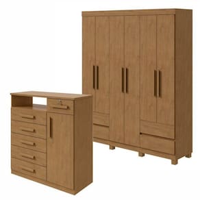 Conjunto de Guarda-Roupa 6 Portas 4 Gavetas Zeus com Pése Cômoda 1 Porta 6 Gavetas 1 Nicho Da Vinci Amêndoa Clean