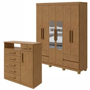 Conjunto de Guarda-Roupa 6 Portas 4 Gavetas Zeus com Espelho e com Pése Cômoda com Nicho Da Vinci Amêndoa Clean