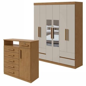 Conjunto de Guarda-Roupa 6 Portas 4 Gavetas Zeus com Espelhoe Cômoda com Nicho Da Vinci Amêndoa Clean/Off White