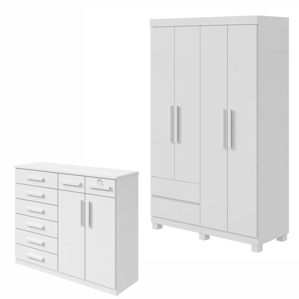 Conjunto de Guarda-Roupa 4 Portas 2 Gavetas Zeus com Pése Cômoda 8 Gavetas 2 Portas Toronto Branco