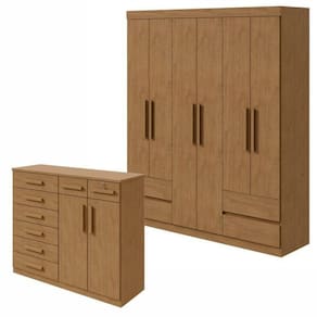 Conjunto de Guarda-Roupa 6 Portas 4 Gavetas Zeuse Cômoda 8 Gavetas 2 Portas Toronto Amêndoa Clean