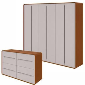 Conjunto de Guarda-Roupa Casal Loop 6 Portase Cômoda 8 Gavetas 152x48x96cm Loop Frassino/Off White