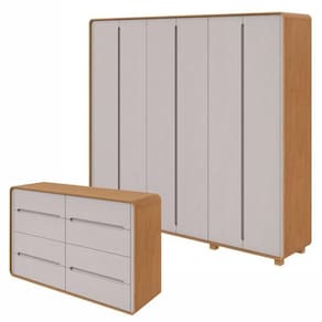 Conjunto de Guarda-Roupa Casal Loop 6 Portas com Pése Cômoda 8 Gavetas 152x48x96cm Loop Amêndoa Clean/Off White