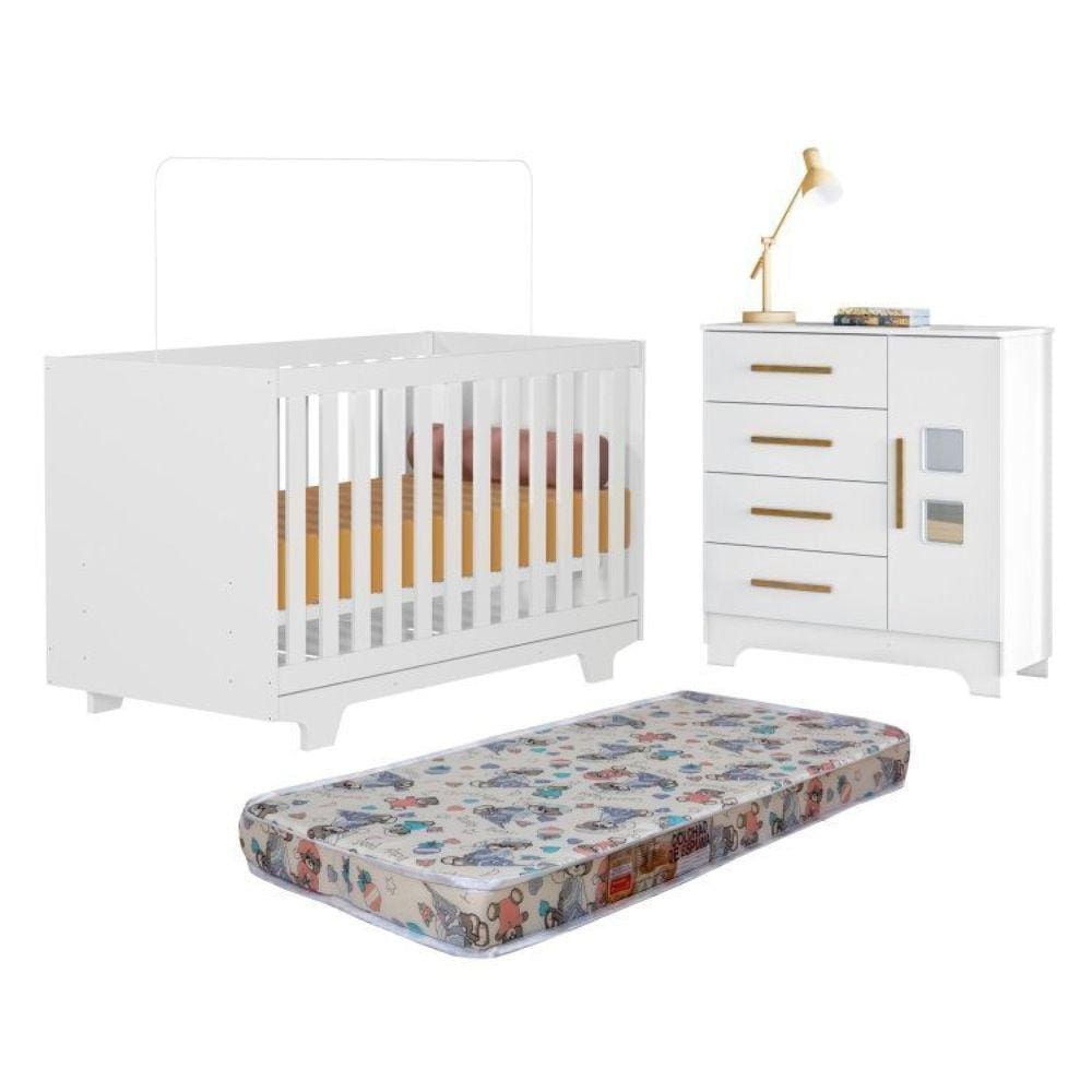 Quarto de Bebê com Berço Mini Cama 100% Mdf com Colchão Life e Cômoda 4 Gavetas 1 Porta Fly 100% Mdf Branco