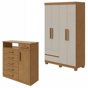 Conjunto de Guarda-Roupa 4 Portas 2 Gavetas Zeus com Pése Cômoda 1 Porta 6 Gavetas 1 Nicho Da Vinci Amêndoa Clean/Off White