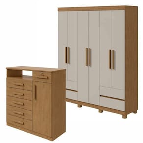 Conjunto de Guarda-Roupa 6 Portas 4 Gavetas Zeus com Pése Cômoda 1 Porta 6 Gavetas 1 Nicho Da Vinci Amêndoa Clean/Off White