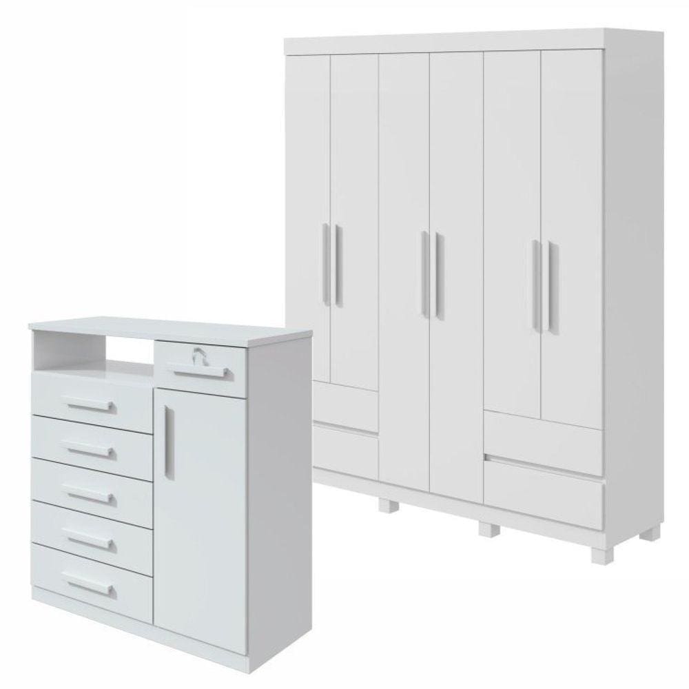 Conjunto de Guarda-Roupa 6 Portas 4 Gavetas Zeus com Pése Cômoda 1 Porta 6 Gavetas Da Vinci Branco