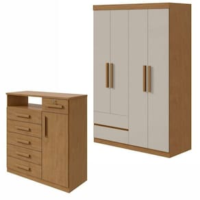 Conjunto de Guarda-Roupa 4 Portas 2 Gavetas Zeuse Cômoda 1 Porta 6 Gavetas 1 Nicho Da Vinci Amêndoa Clean/Off White