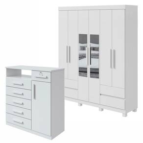 Conjunto de Guarda-Roupa 6 Portas 4 Gavetas Zeus com Espelho e com Pése Cômoda Da Vinci Branco