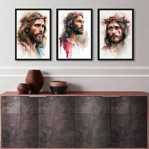 Kit 3 Quadros Aquarelas Face De Jesus 45X34Cm - Com Vidro