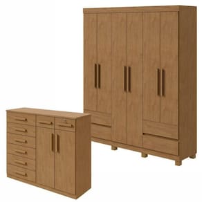 Conjunto de Guarda-Roupa 6 Portas 4 Gavetas Zeus com Pése Cômoda 8 Gavetas 2 Portas Toronto Amêndoa Clean