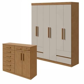 Conjunto de Guarda-Roupa 6 Portas 4 Gavetas Zeuse Cômoda 8 Gavetas 2 Portas Toronto Amêndoa Clean/Off White