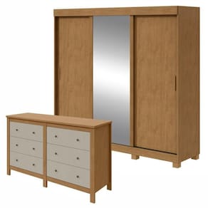 Conjunto de Guarda-Roupa 3 Portas 3 Gavetas Saion Plus 1 Porta Glass com Pése Cômoda Maggiore New Amêndoa Clean/Off White/Amêndoa Clean