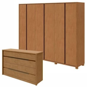 Conjunto de Guarda-Roupa Casal Leder 6 Portas com Pése Cômoda 8 Gavetas Urban Amêndoa Clean