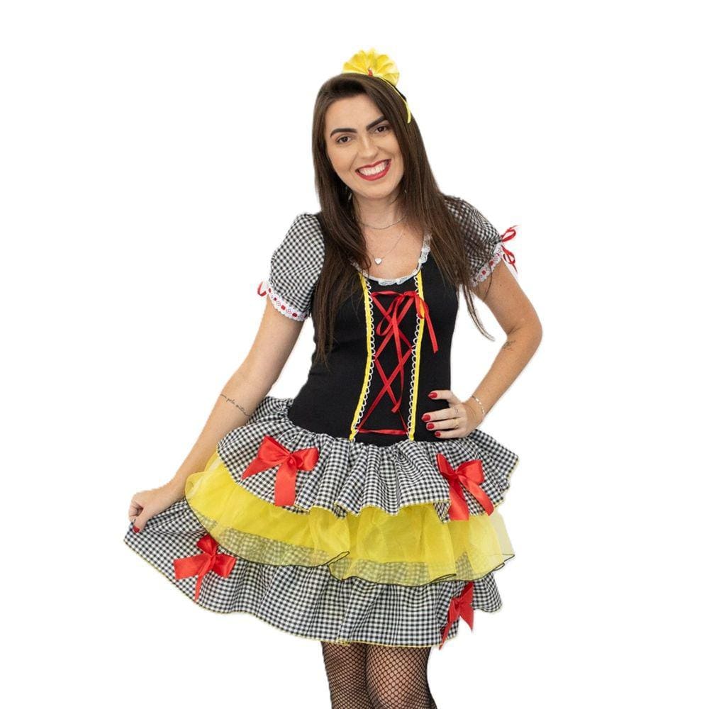 Vestido Junino Feminino Caipira Quadriculado Preto com Arco