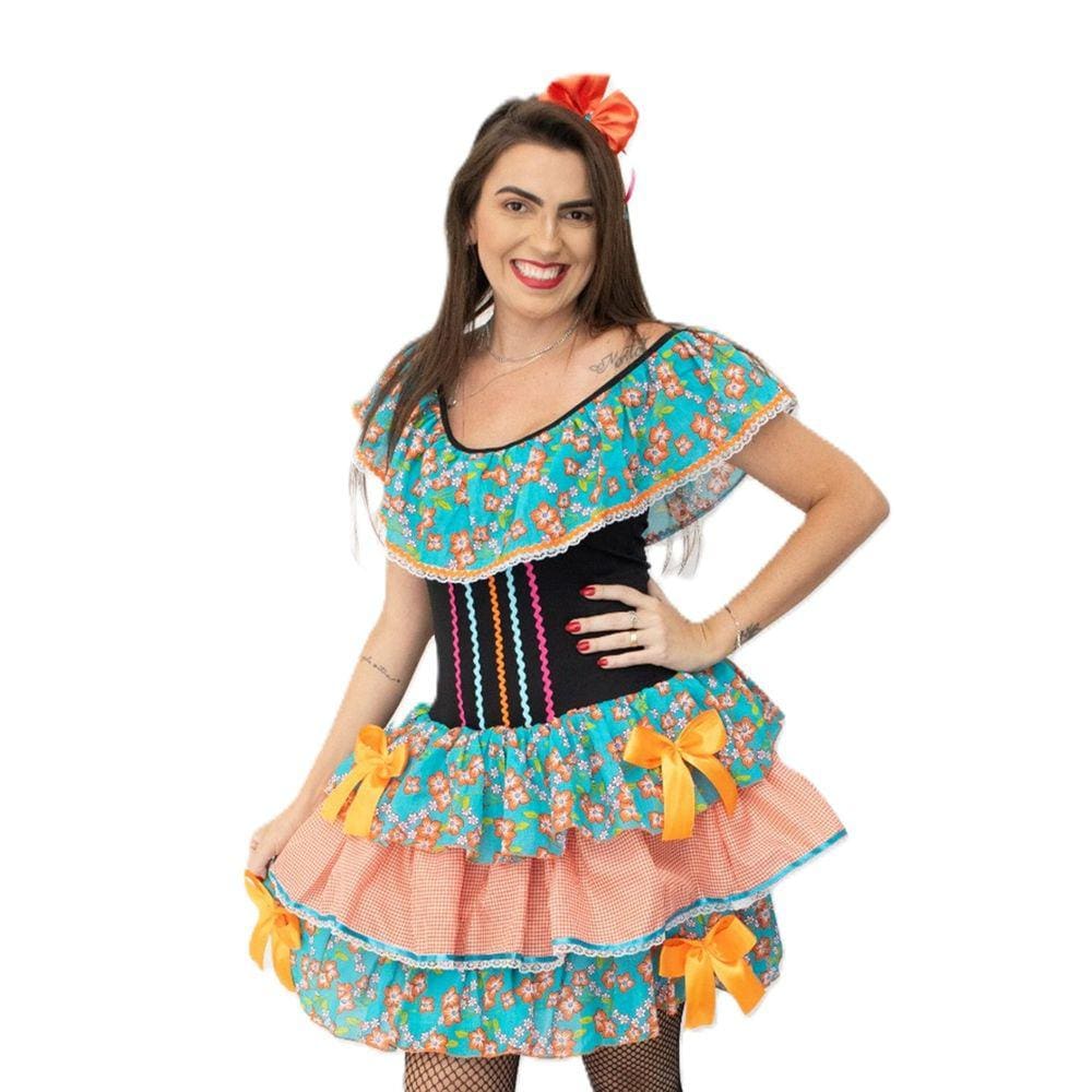 Vestido Feminino Caipira Rosa Florido São João Adulto + Arco