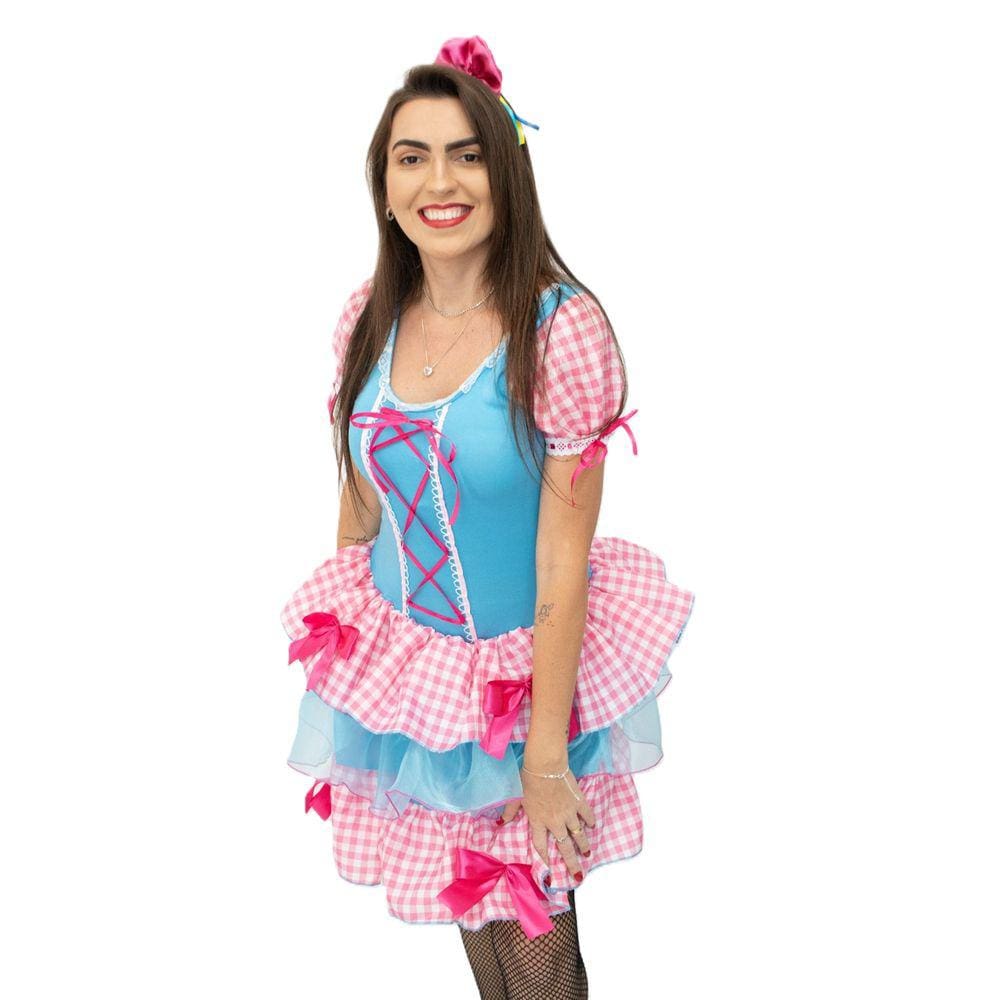 Vestido Feminino Caipira Rosa e Azul Xadrez Junino com Arco