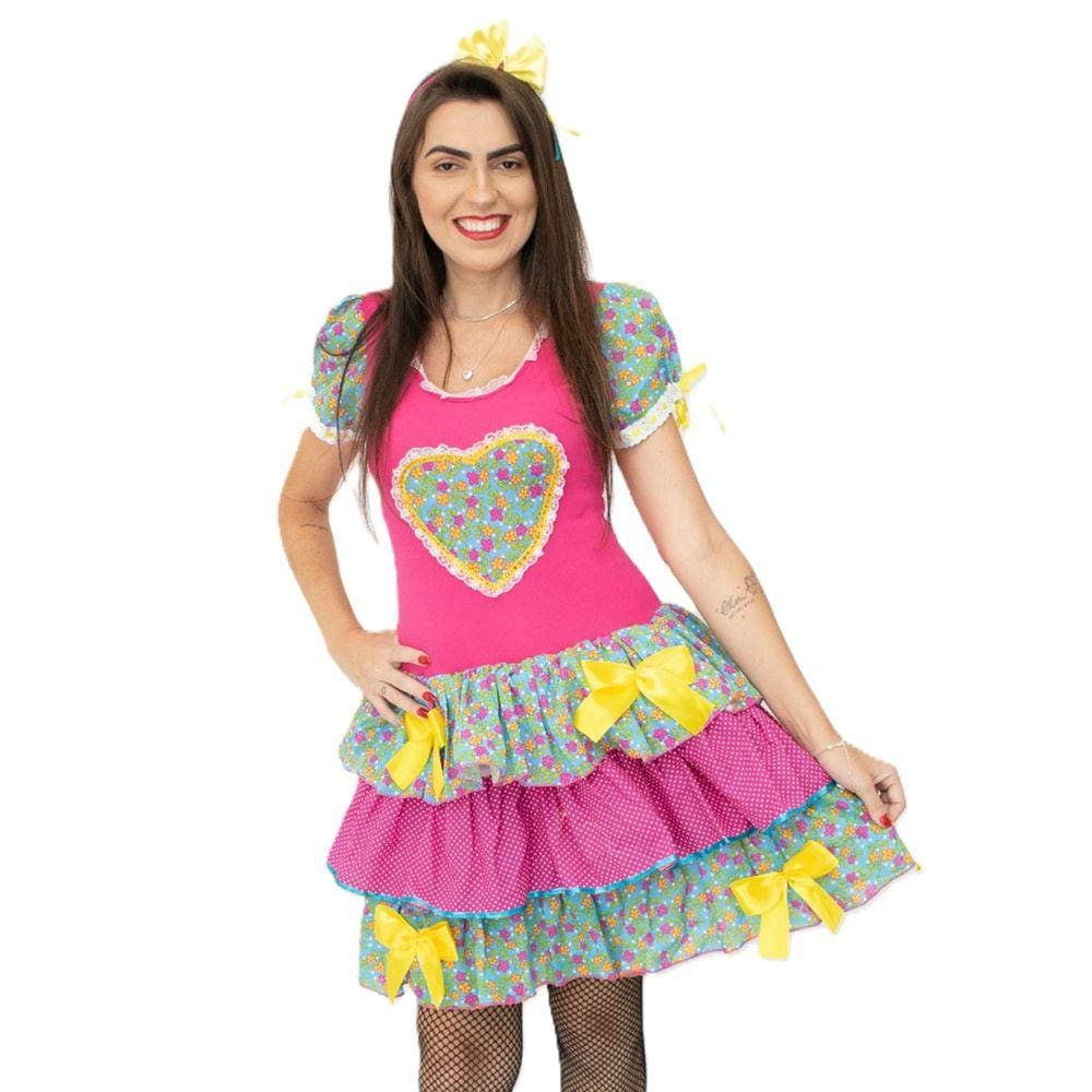 Vestido Feminino Caipira Florido Rosa Pink São João com Arco