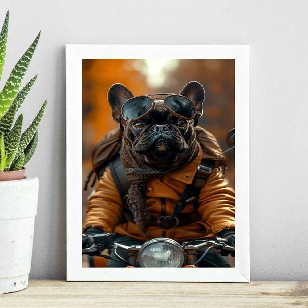Quadro Bulldog Francês Motociclista 24X18Cm - Com Vidro
