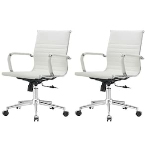 Kit 2 Cadeiras Giratória Baixa Office Manhattan Esteirinha Fratini Revestida em (PU) Branco Base Rodízio