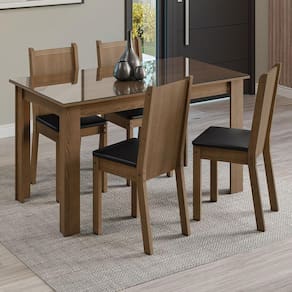 Conjunto Sala de Jantar Mesa Tampo de Vidro 4 Cadeiras Rustic/Sintético Preto Kiara Madesa