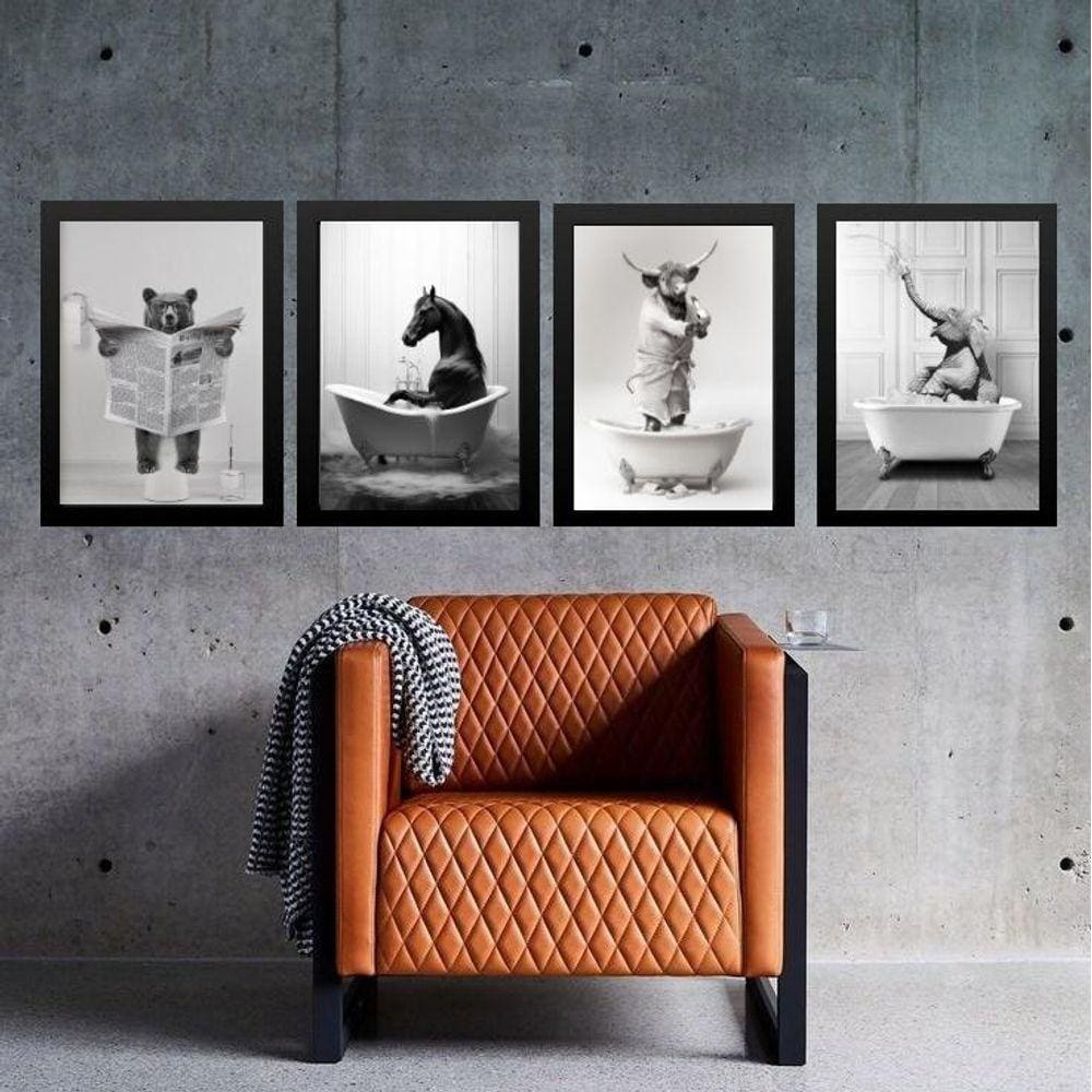 Kit 4 Quadros Banheiro Animais Diversos 45X34Cm - Com Vidro