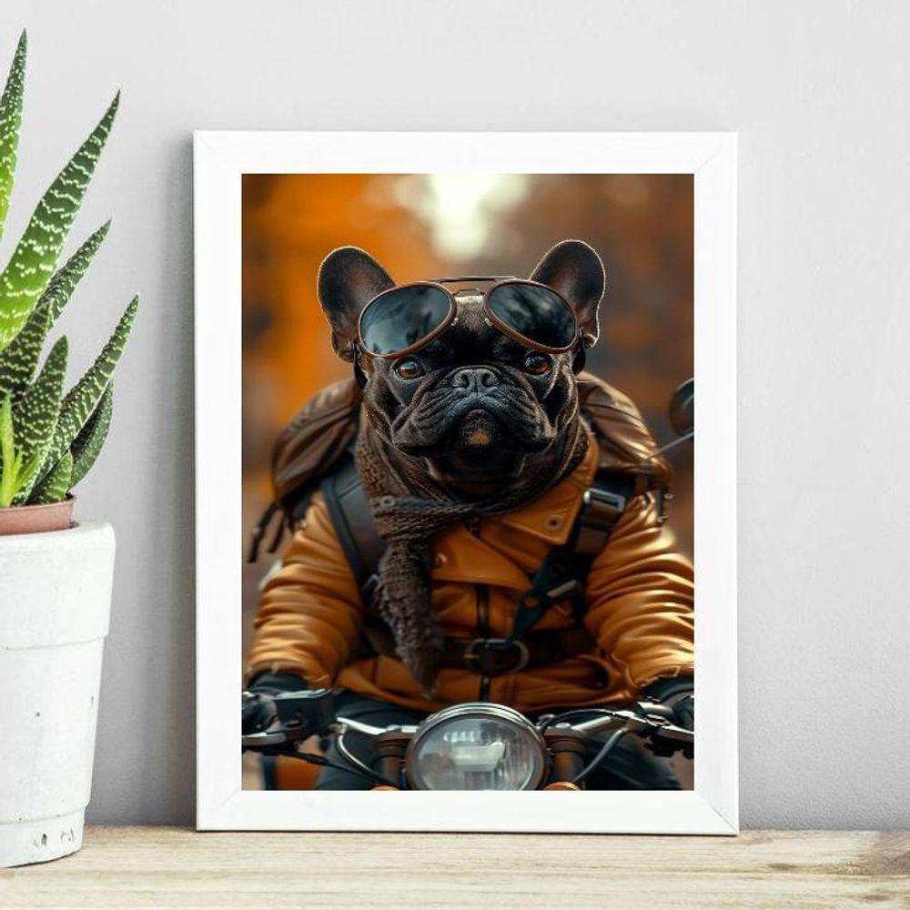 Quadro Bulldog Francês Motociclista 24X18Cm - Com Vidro