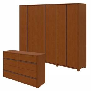Conjunto de Guarda-Roupa Casal Leder 6 Portas com Pése Cômoda 8 Gavetas 150x95cm Leder Frassino
