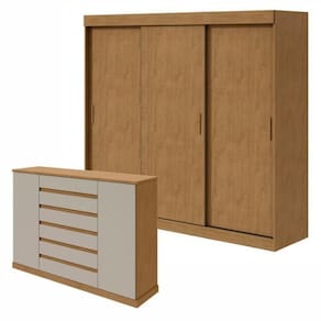 Conjunto de Guarda-Roupa 3 Portas 3 Gavetas Saion Pluse Cômoda Vedra Amêndoa Clean/Off White
