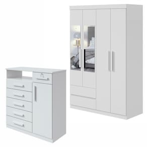 Conjunto de Guarda-Roupa Solteiro com Espelho 4 Portas 2 Gavetas Zeuse Cômoda Da Vinci Branco