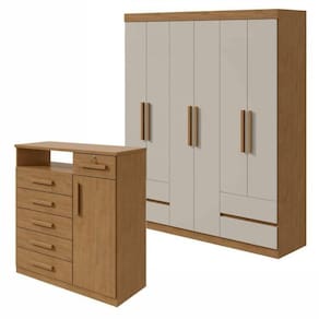 Conjunto de Guarda-Roupa 6 Portas 4 Gavetas Zeuse Cômoda 1 Porta 6 Gavetas 1 Nicho Da Vinci Amêndoa Clean/Off White