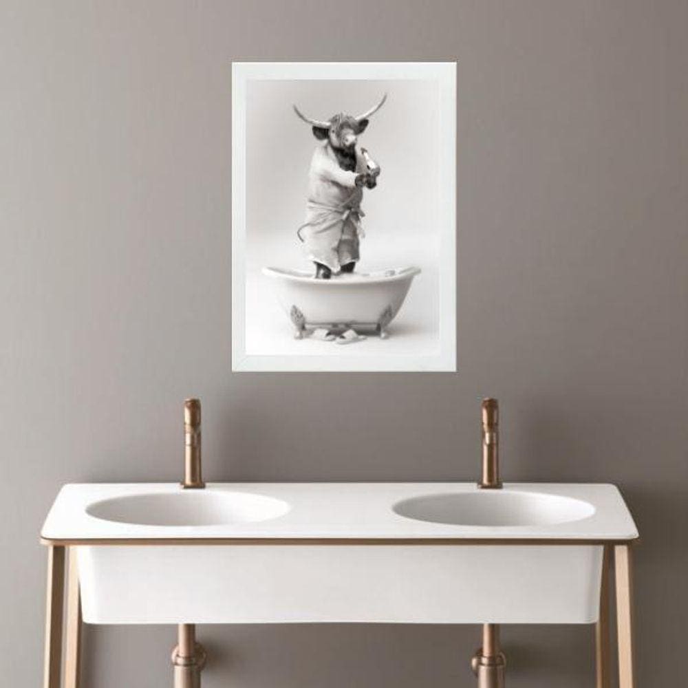 Quadro Banheiro Coleção Animais - Boi 33X24Cm - Com Vidro